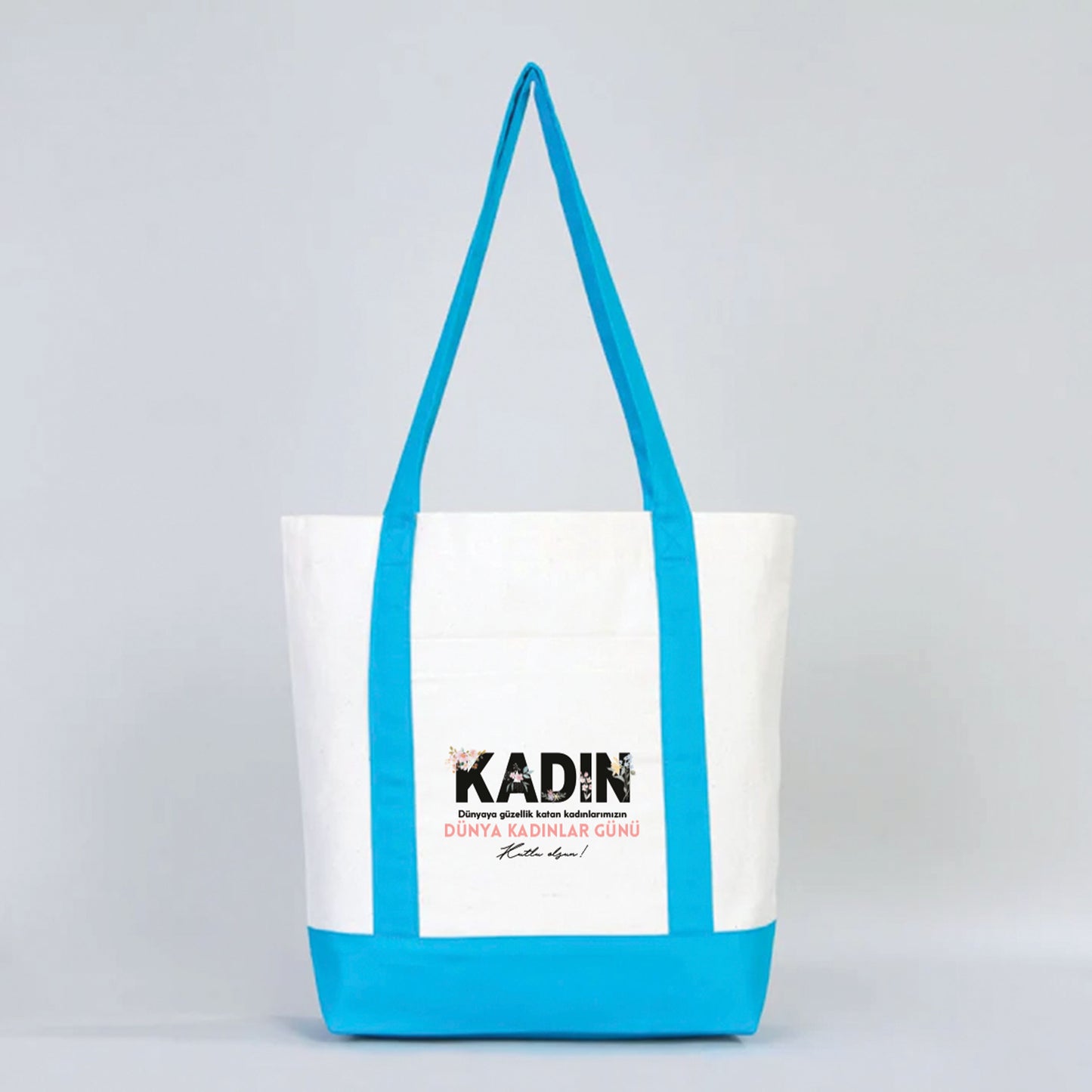 40x35x12 cm Trend Kanvas Çanta Turkuaz Kulp - Kadınlar Günü Hediyesi