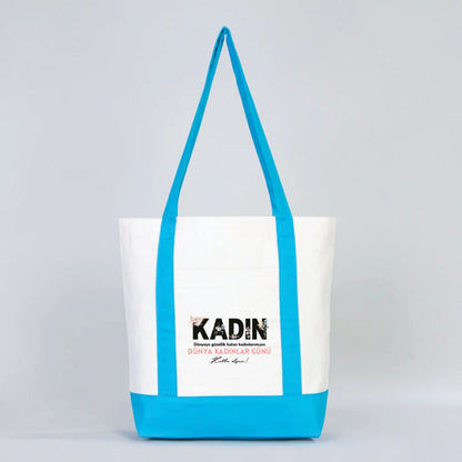 40x35x12 cm Trend Kanvas Çanta Turkuaz Kulp - Kadınlar Günü Hediyesi