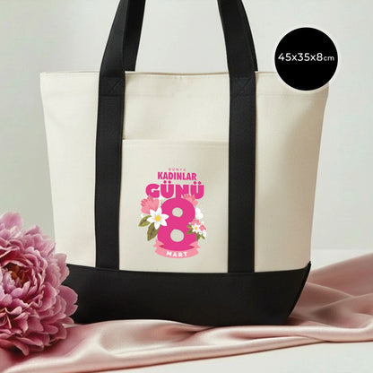 40x35x12 cm Trend Kanvas Çanta Siyah Kulp - Kadınlar Günü Hediyesi