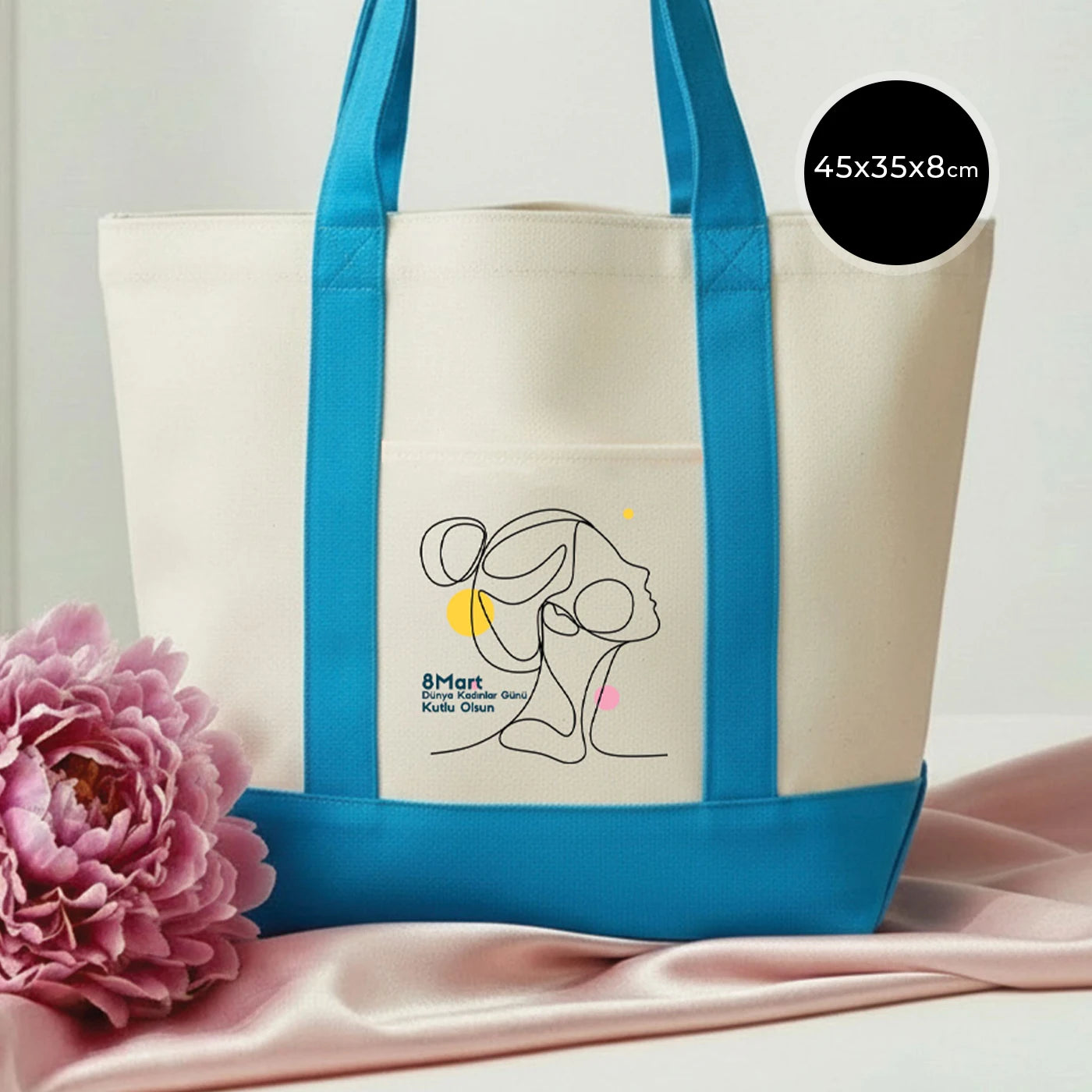 40x35x12 cm Trend Kanvas Çanta Turkuaz Kulp - Kadınlar Günü Hediyesi