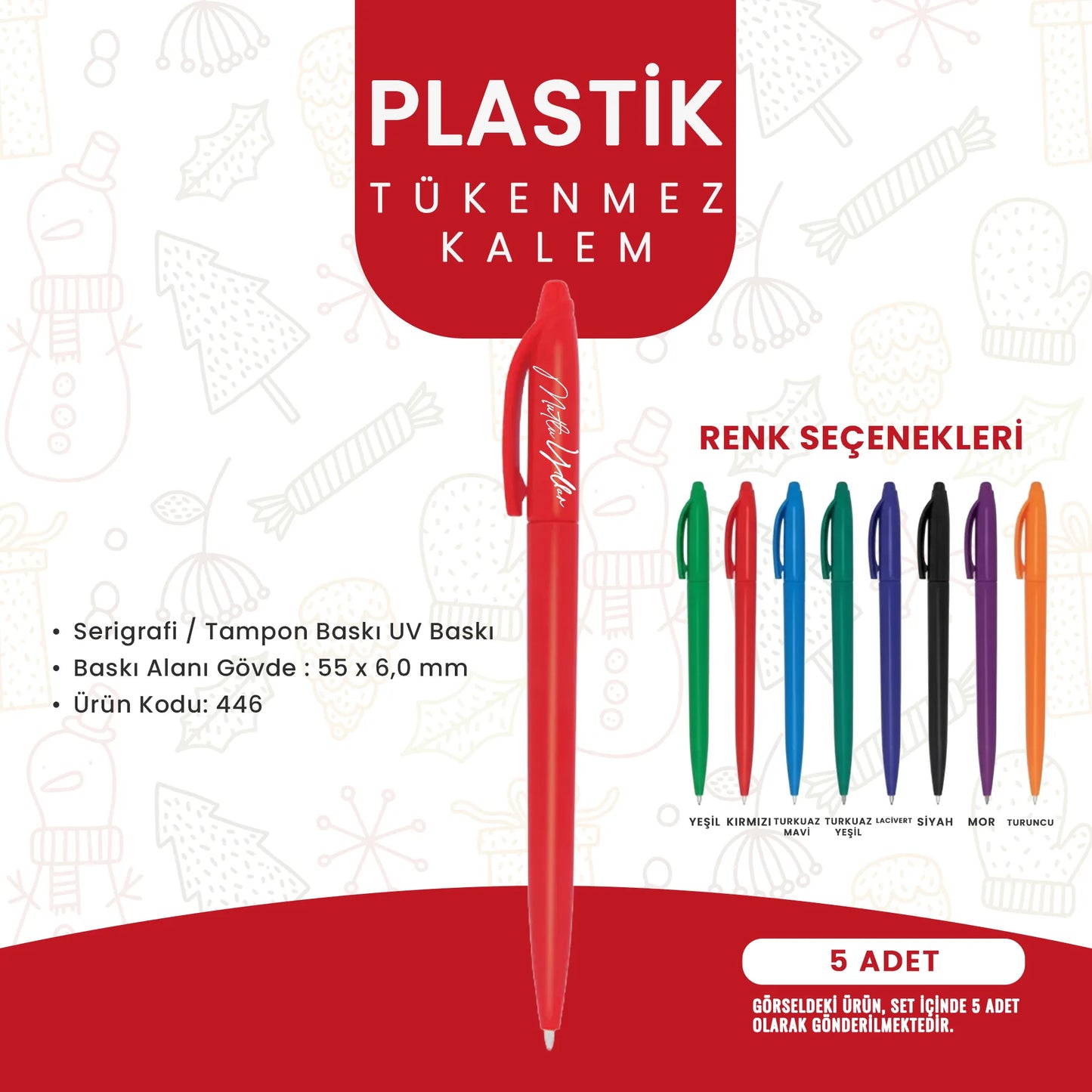 Baskılı tükenmez kalem – UV baskı alanlı, farklı renk seçeneklerine sahip plastik kurumsal kalem modeli
