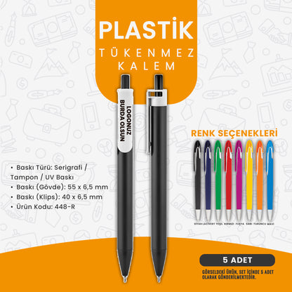 Plastik tükenmez kalem – serigrafi veya UV baskılı, farklı renk seçenekli promosyon kalem. Kurumsal kampanyalar ve hediye setleri için uygundur.