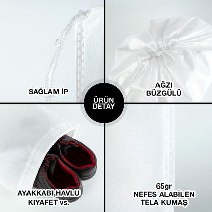 Ultrasonik Tela Kese - Beyaz - 35x45 cm - Ayakkabı Ve Çamaşır Torbası - 500 Adet, Tek Renk Logo Baskılı