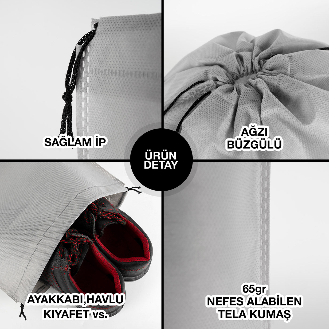 Ultrasonik Gri Tela Kese 35x45 cm – Tek Renk Logo Baskılı – 500 Adet