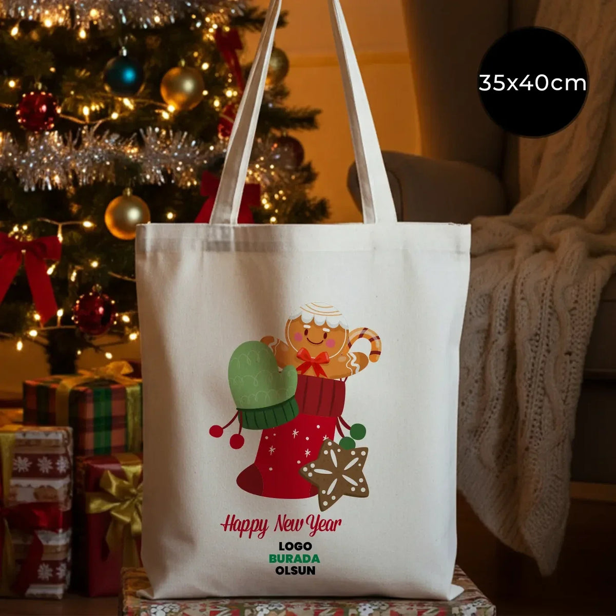 Yeni yıl temalı kurabiye adam baskılı bez çanta – 30x40 cm gabardin çanta, istepromosyon özel tasarım