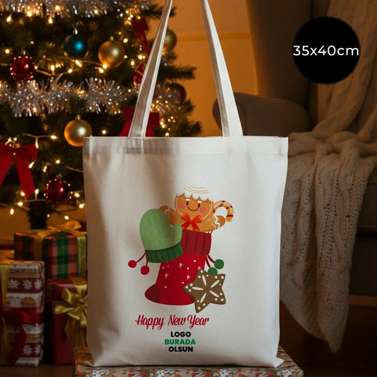 Yeni yıl temalı kurabiye adam baskılı bez çanta – 30x40 cm gabardin çanta, istepromosyon özel tasarım