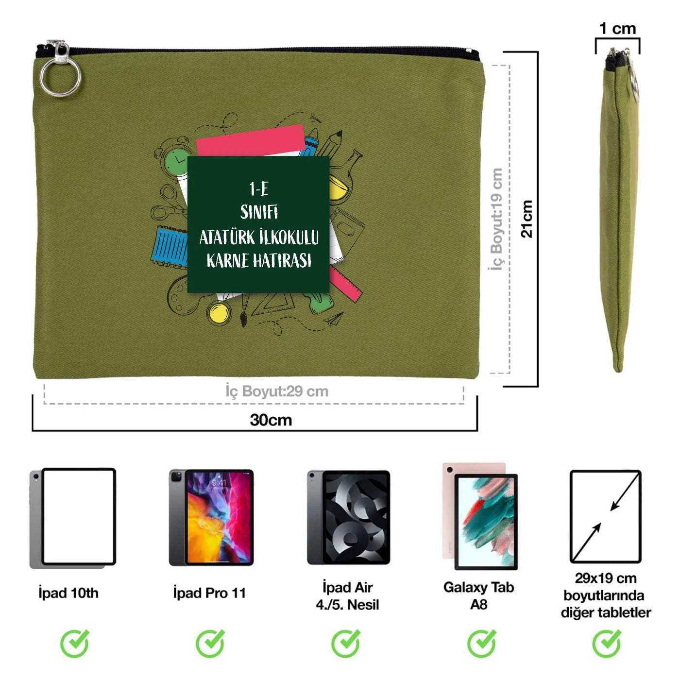 Karne Günü Özel Portföy Çanta – Yeşil 30×21 cm (Astarlı, Özelleştirilebilir)