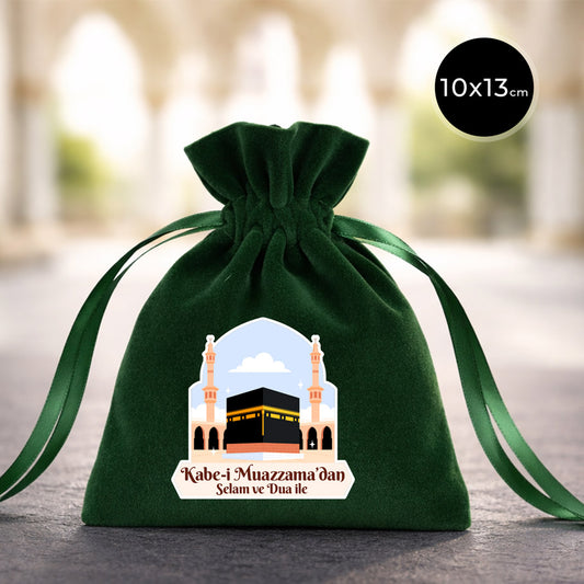 10x13 cm Kabe-i Muazzama’dan Selam ve Dua ile | Hac ve Umre Hediyelik Kadife Gül Kese Yeşil