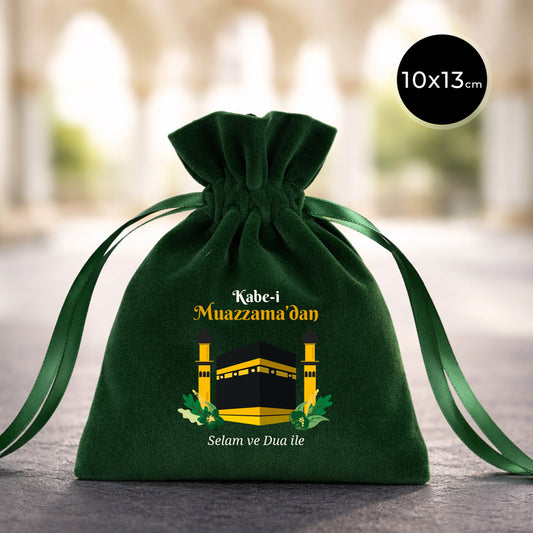 10x13 cm Dualarımıza Sizi de Ekledik | Hac ve Umre Hediyelik Kadife Gül Kese Yeşil