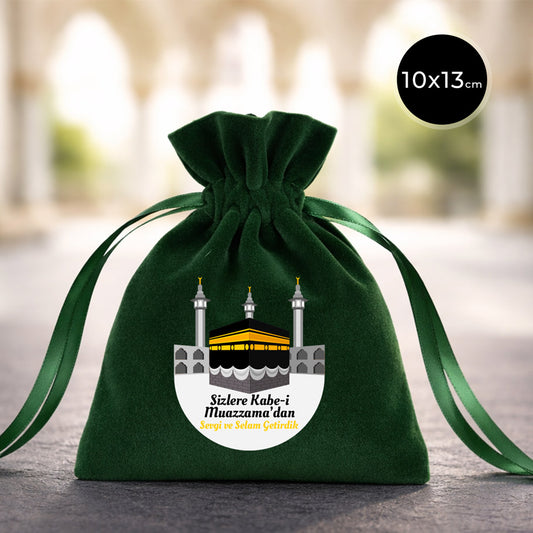 10x13 cm Kabe-i Muazzama’dan Selam ve Dua ile | Hac ve Umre Hediyelik Kadife Gül Kese Yeşil