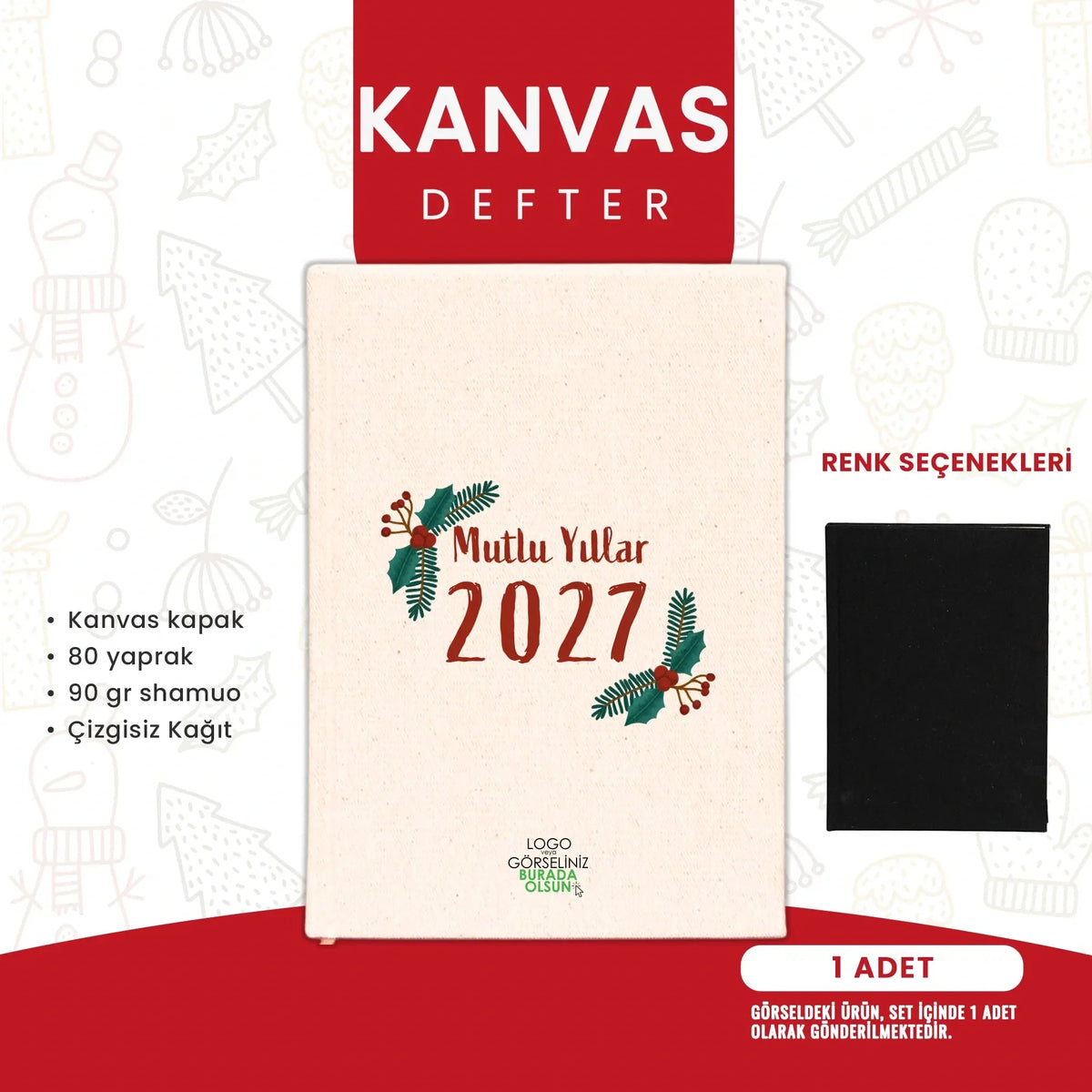 Yılbaşı defteri – Mutlu Yıllar 2027 logolu kanvas kapak defter.