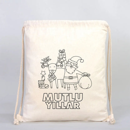 Mutlu Yıllar Temalı Boyanabilir Büzgülü Sırt Çantası 35x40 cm – Yılbaşı Aktiv... - yakın çekim