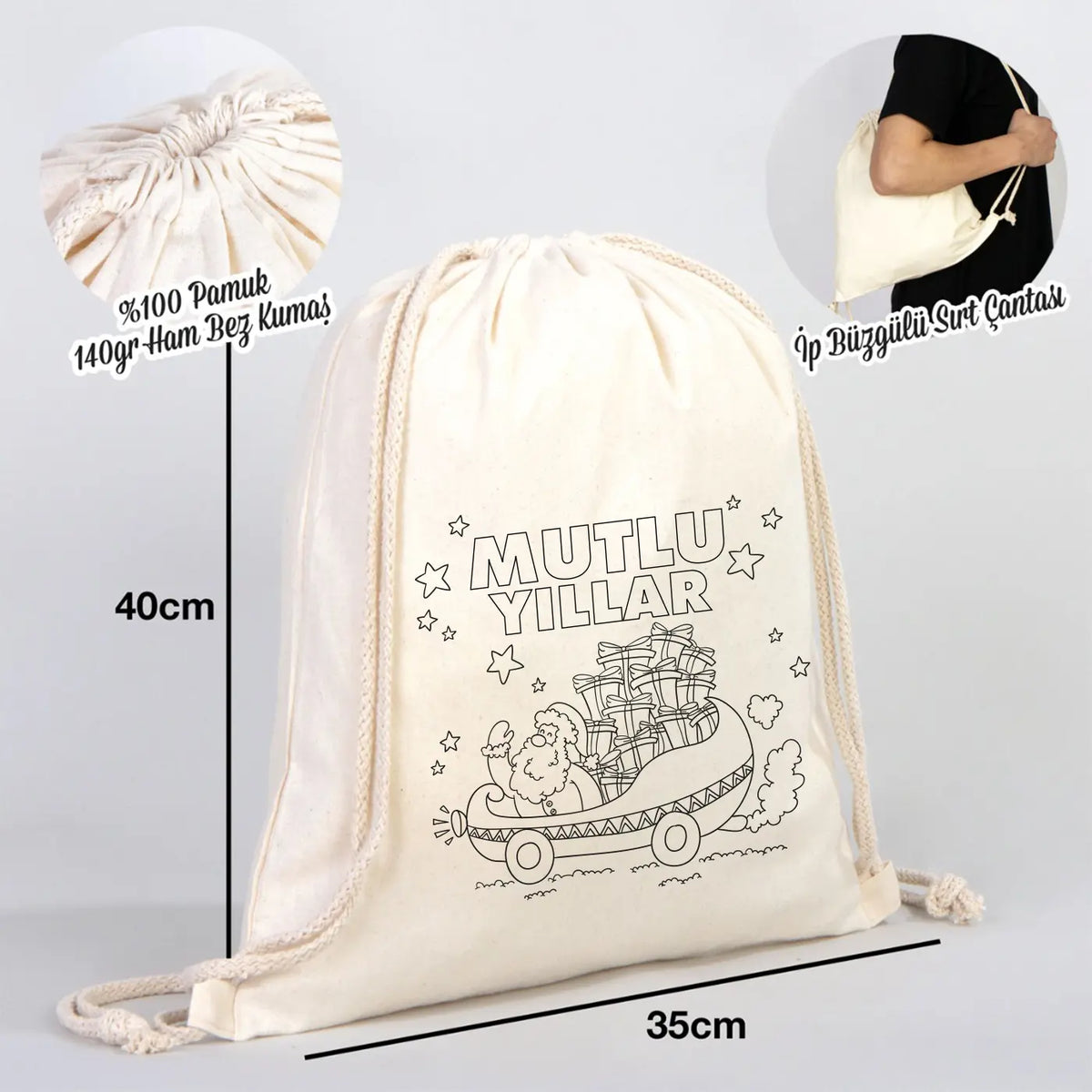 Mutlu Yıllar Temalı Boyanabilir Büzgülü Sırt Çantası 35x40 cm – Yılbaşı Aktiv... - detay görünüm