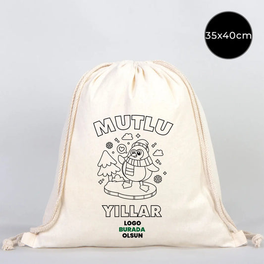 Mutlu Yıllar Temalı Boyanabilir Büzgülü Sırt Çantası 35x40 cm – Yılbaşı Aktiv...