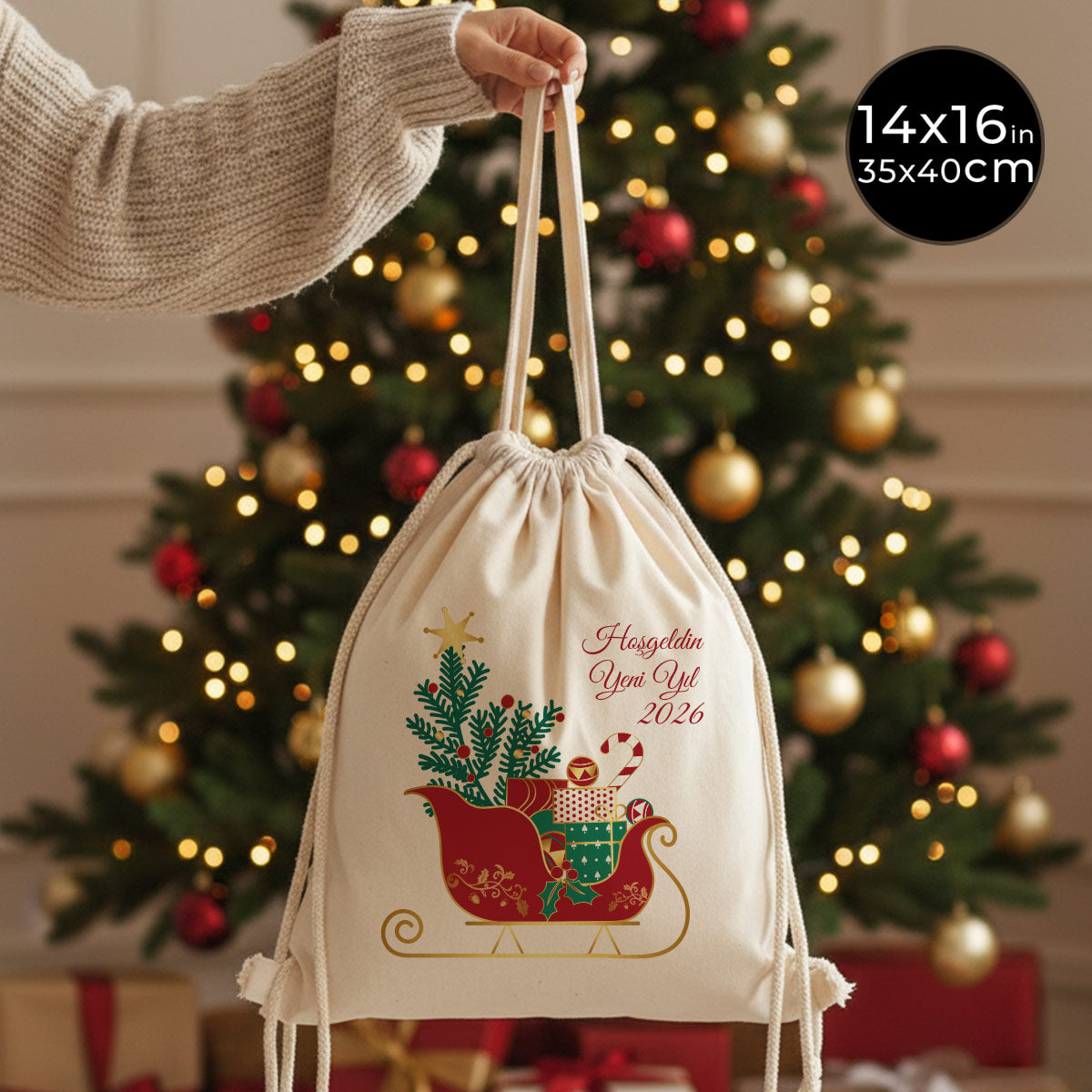 Yılbaşı temalı büzgülü bez çanta 35x40 cm elde taşınan şık hediye çanta
