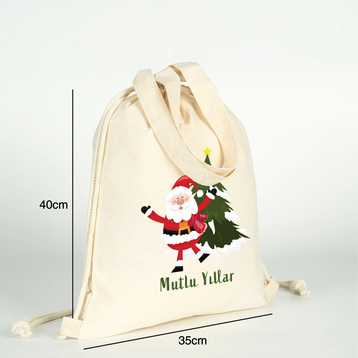 Özelleştirilebilir yılbaşı çantası 35x40 cm kırmızı ip detaylı büzgülü tasarım