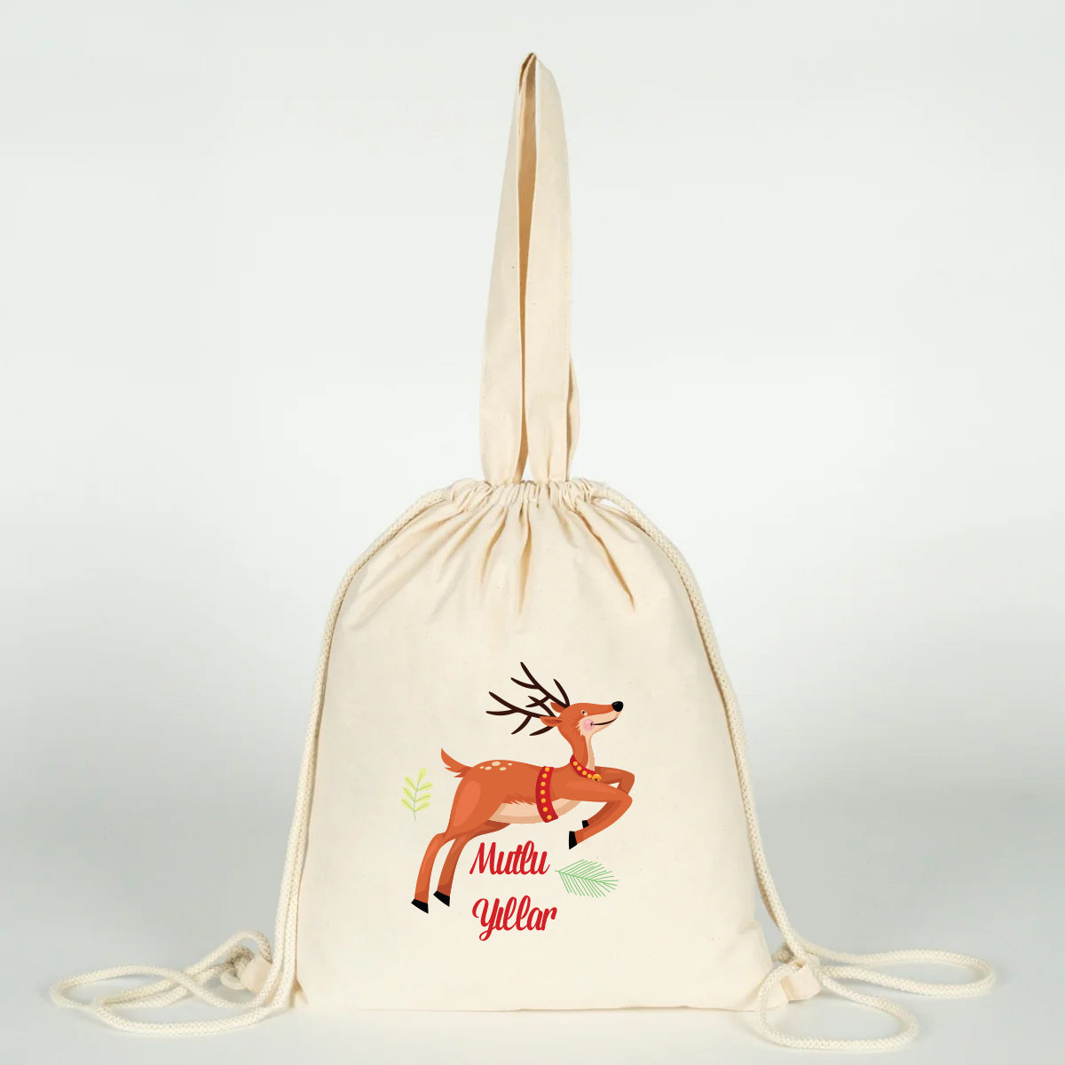Yılbaşı temalı büzgülü bez çanta 35x40 cm elde taşınan şık hediye çanta