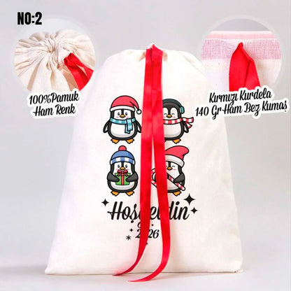 Yılbaşı Bez Kese Kırmızı Kurdelalı - 30x40 cm (Özelleştirilebilir)