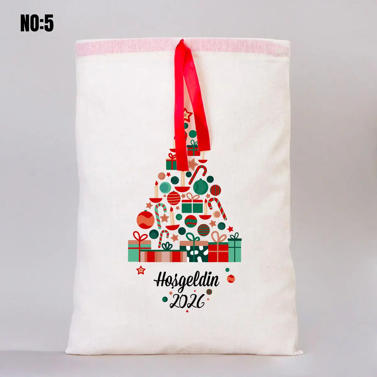 Yılbaşı Bez Kese Kırmızı Kurdelalı - 30x40 cm (Özelleştirilebilir)