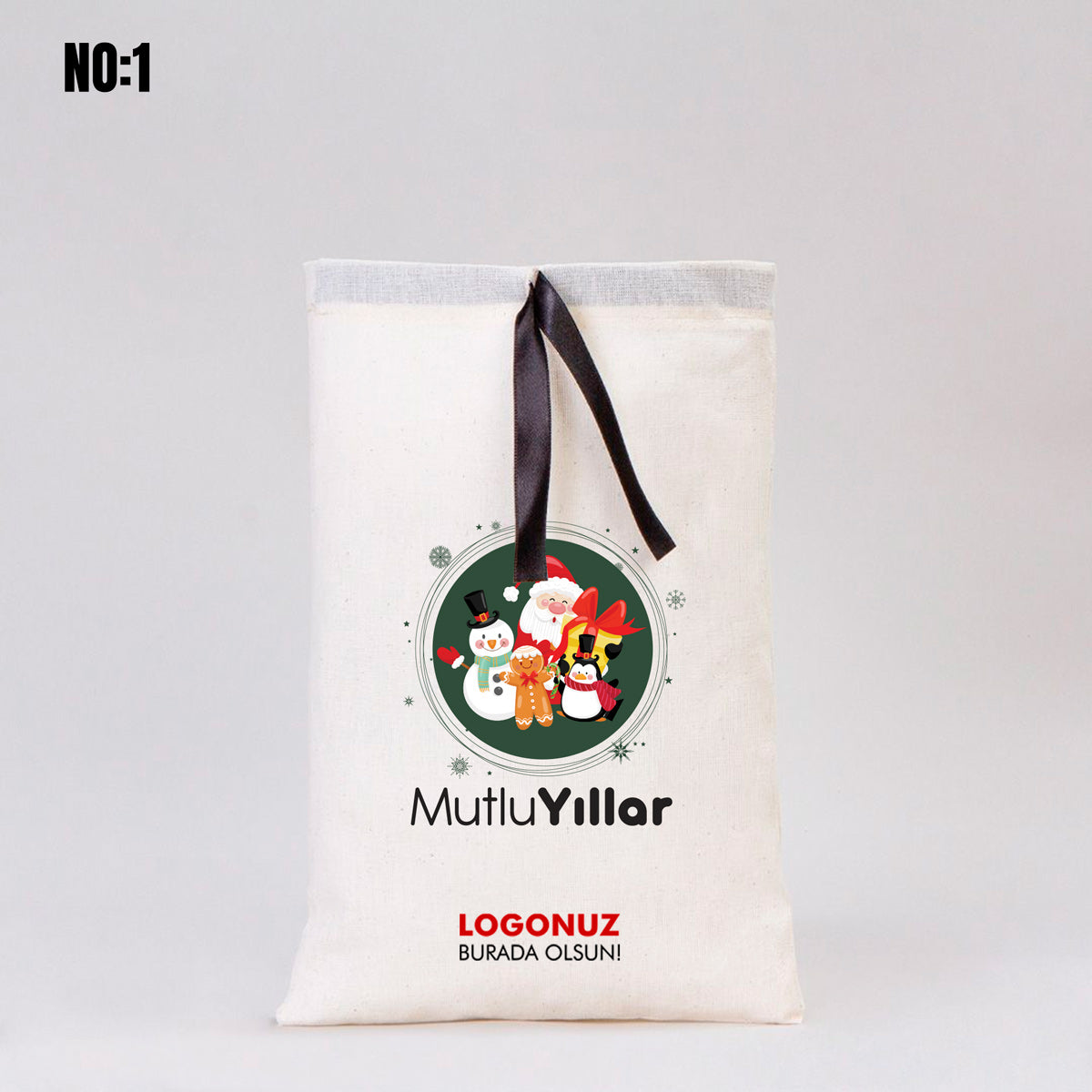 Yılbaşı Bez Kese Siyah Kurdeleli - 20x30 cm (Özelleştirilebilir) - istepromosyon.com