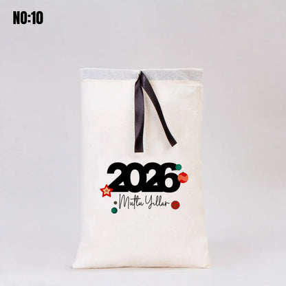 Yılbaşı Bez Kese Siyah Kurdelalı - 20x30 cm (Özelleştirilebilir)