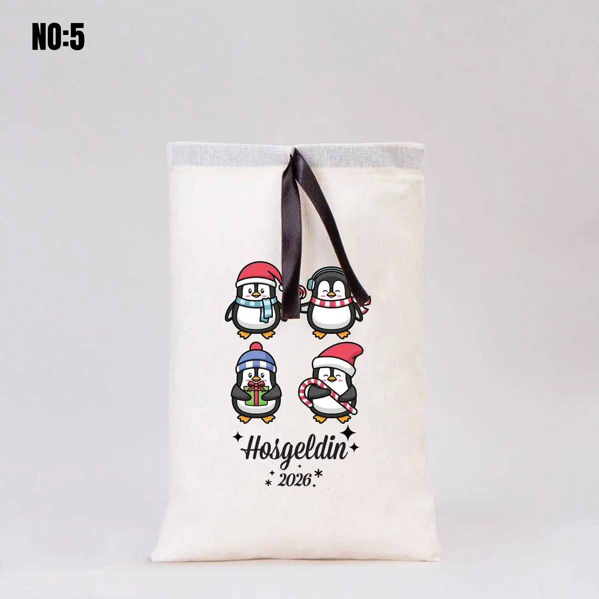 Yılbaşı Bez Kese Siyah Kurdelalı - 20x30 cm (Özelleştirilebilir)