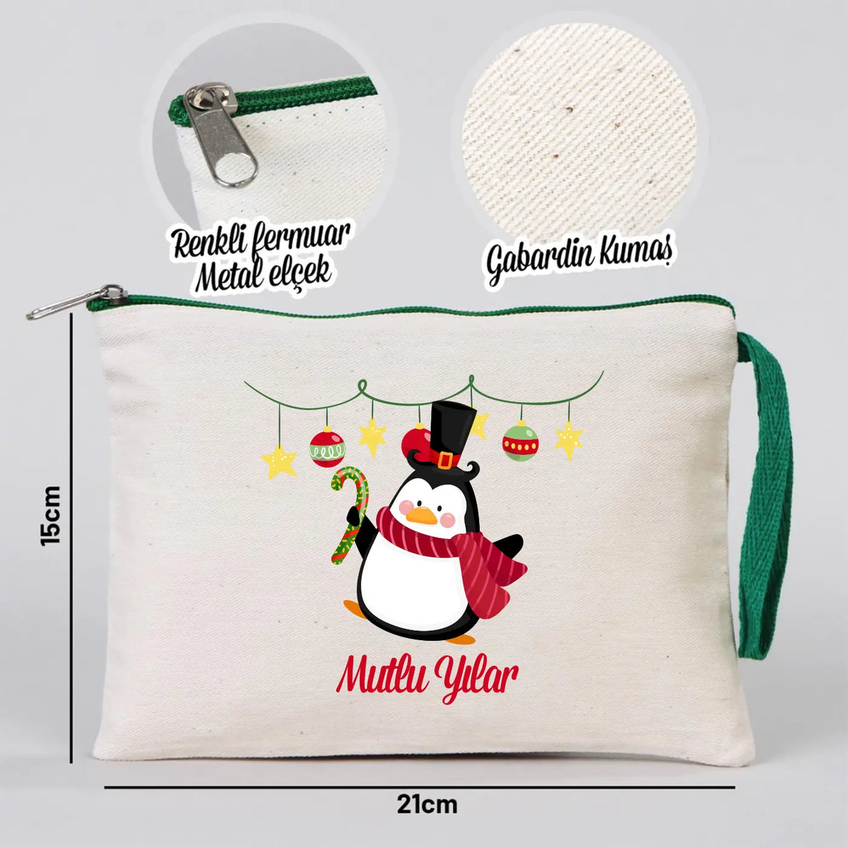 Yılbaşı Desenli Clutch 21x15 cm Yeşil Fermuar (Özelleştirilebilir) - detay görünüm