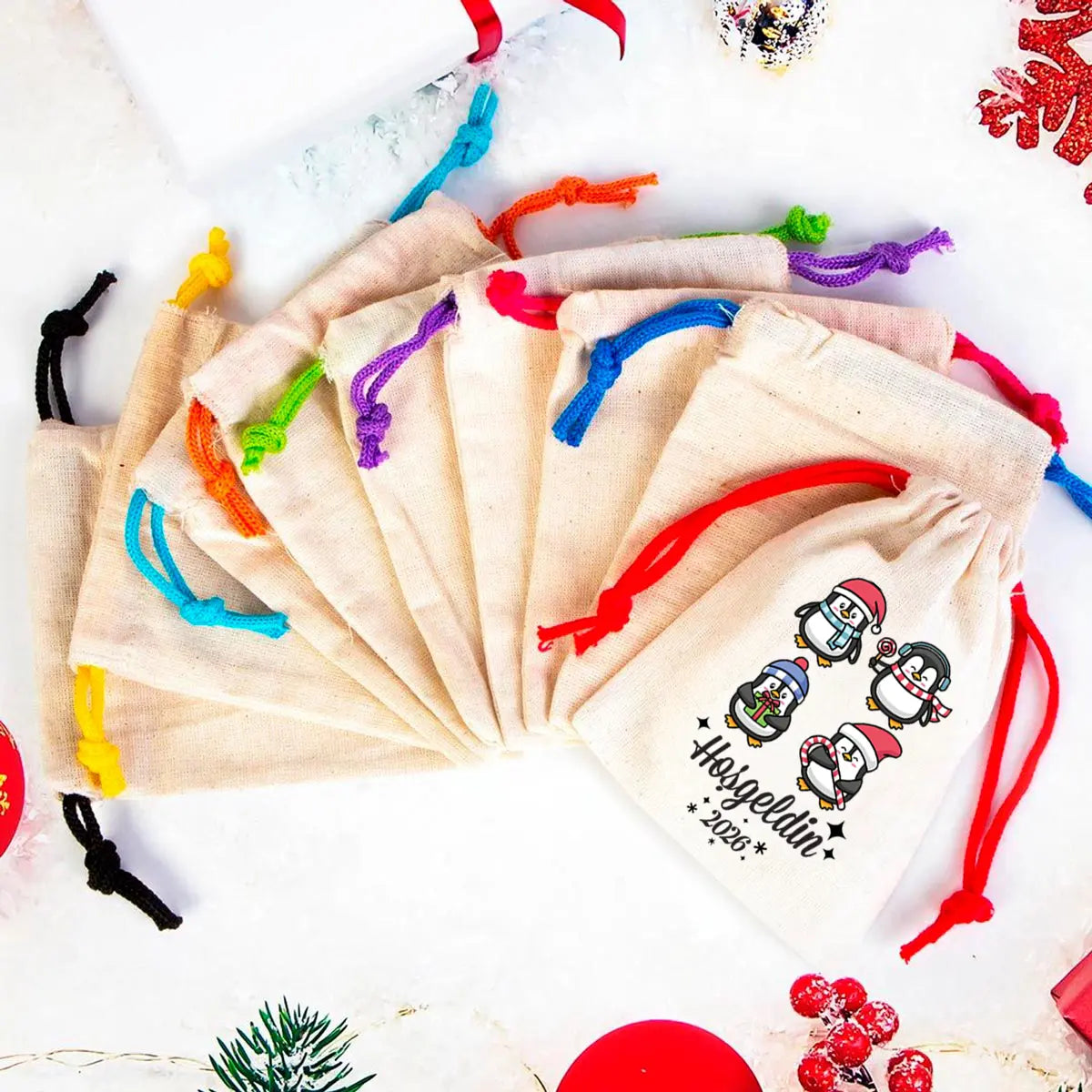 Hoşgeldin 2025 Baskılı Bez Kese - Renkli İp (Özelleştirilebilir)
