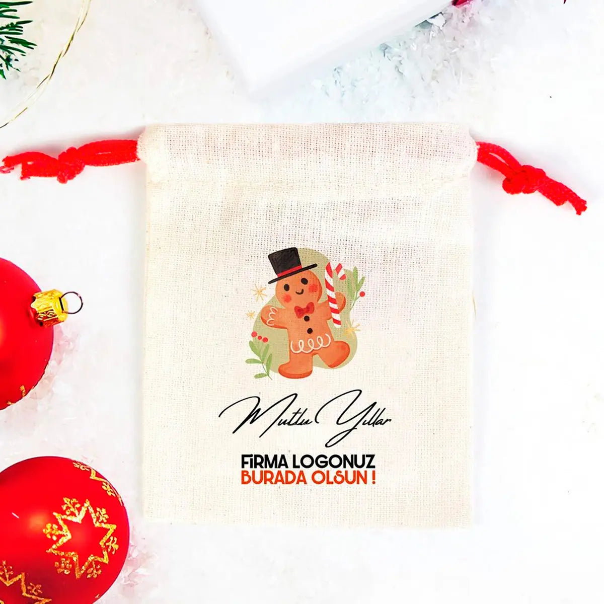 Mutlu Yıllar Baskılı Bez Kese - Kurabiye Desenli - Renkli İp (Özelleştirilebilir)