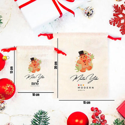 Mutlu Yıllar Baskılı Bez Kese - Kurabiye Desenli - Renkli İp (Özelleştirilebilir)