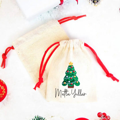 Yılbaşı Ağacı Çam Baskılı Bez Kese Modeli - Renkli İp (Özelleştirilebilir)