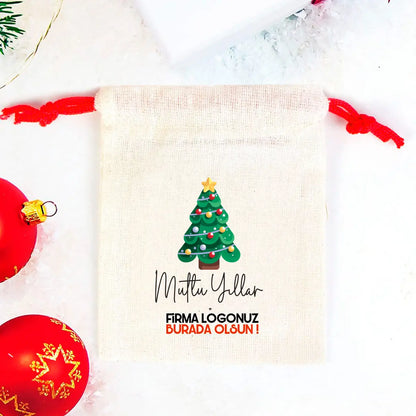 Yılbaşı Ağacı Çam Baskılı Bez Kese Modeli - Renkli İp (Özelleştirilebilir)
