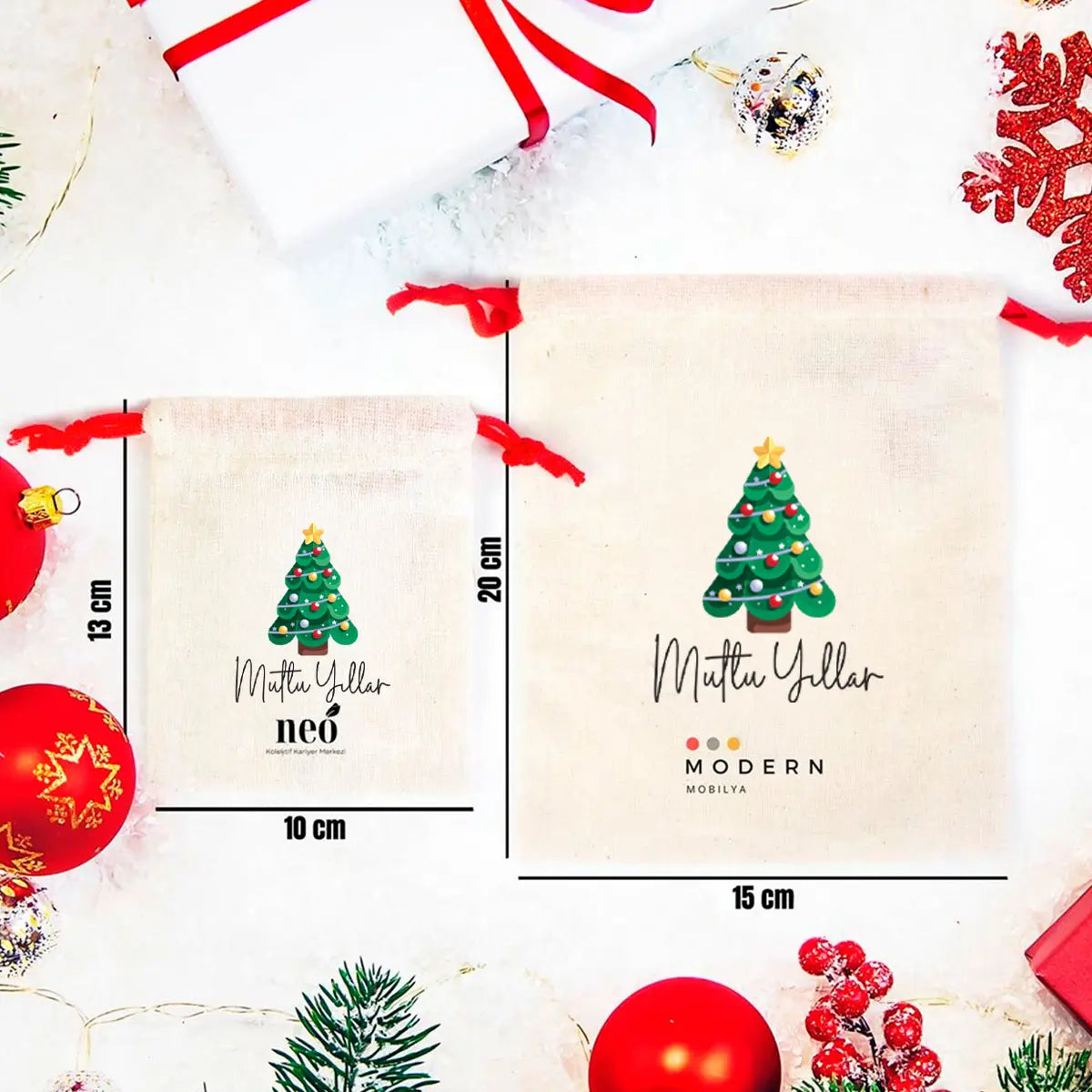 Yılbaşı Ağacı Çam Baskılı Bez Kese Modeli - Renkli İp (Özelleştirilebilir)