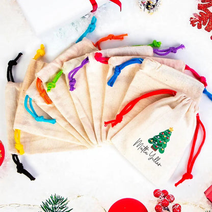 Yılbaşı Ağacı Çam Baskılı Bez Kese Modeli - Renkli İp (Özelleştirilebilir)