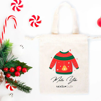 Yılbaşı Hediyeleri Kazak Baskılı Bez Kese - 15,5x20 cm Tek Tutma Kısa Kulp (Özelleştirilebilir)