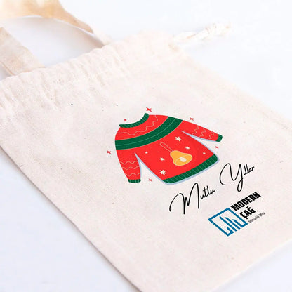 Yılbaşı Hediyeleri Kazak Baskılı Bez Kese - 15,5x20 cm Tek Tutma Kısa Kulp (Özelleştirilebilir)