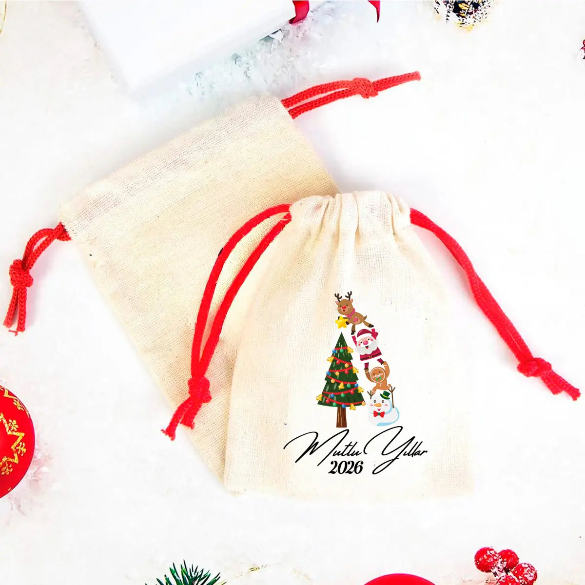 Mutlu Yıllar 2025 Baskılı Bez Kese - Renkli İp - (Özelleştirilebilir)