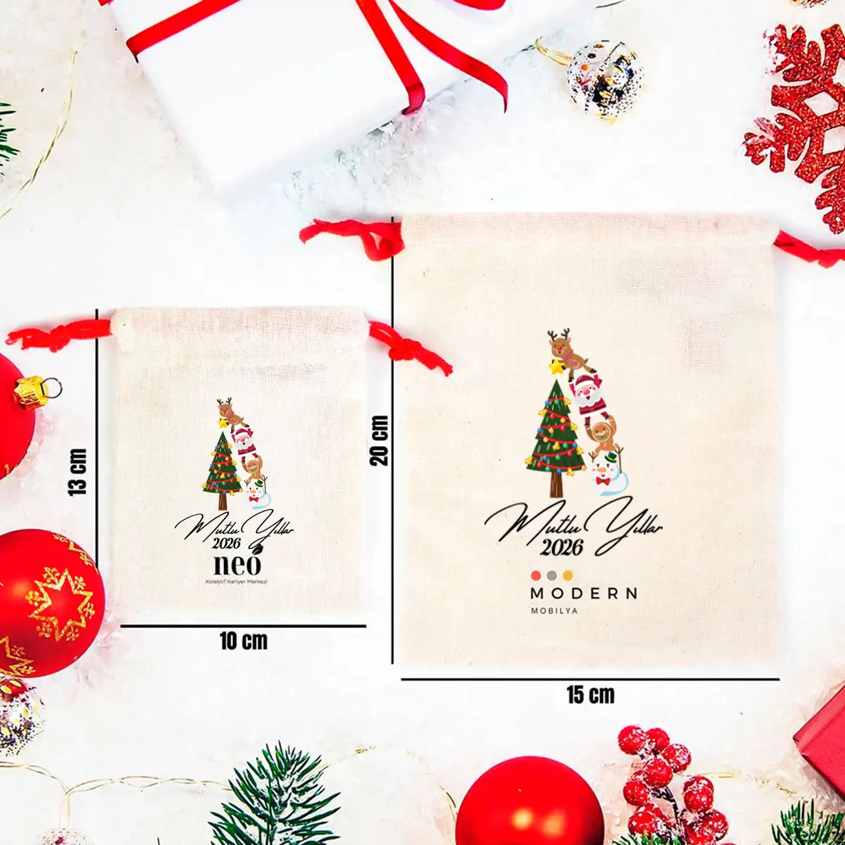 Mutlu Yıllar 2025 Baskılı Bez Kese - Renkli İp - (Özelleştirilebilir)