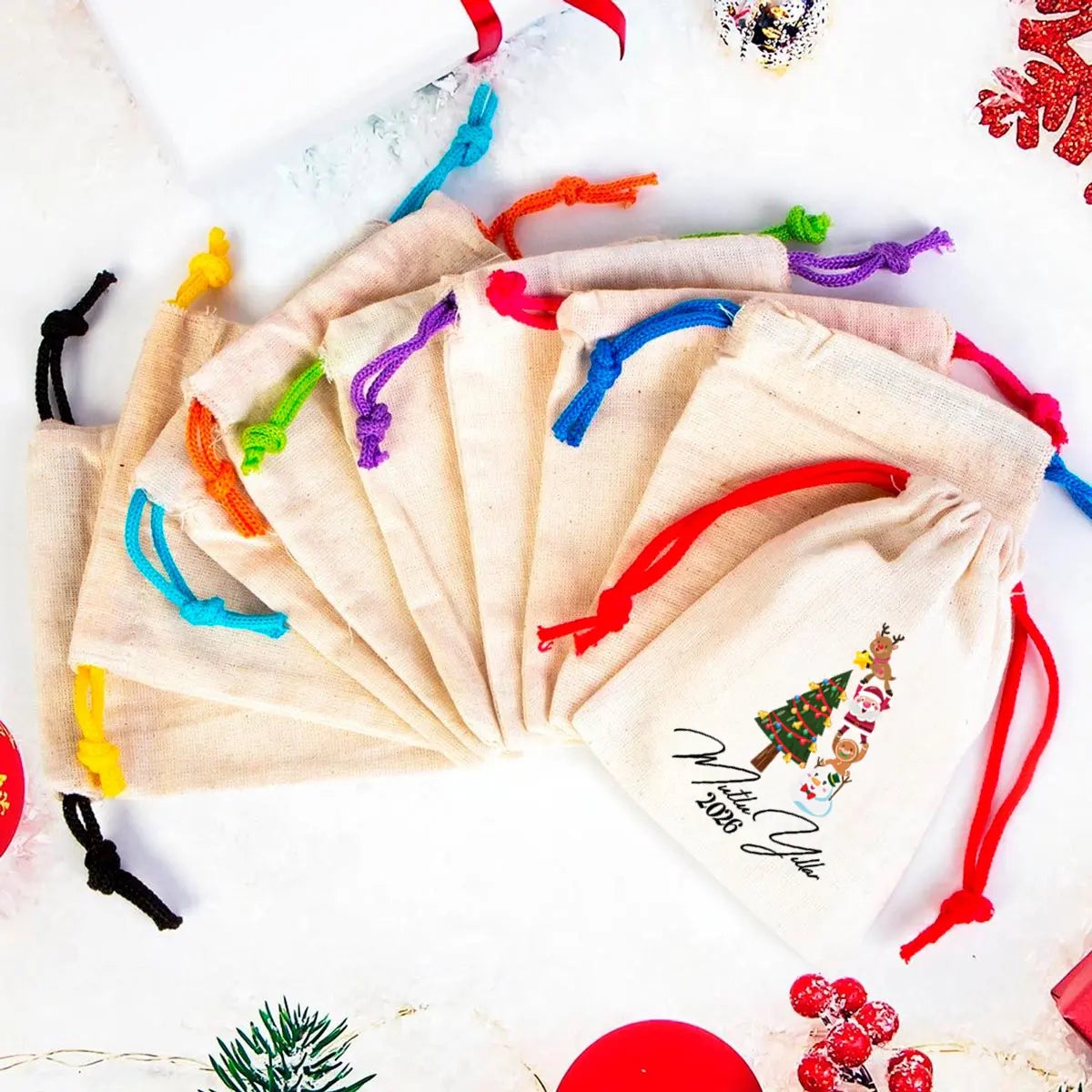 Mutlu Yıllar 2025 Baskılı Bez Kese - Renkli İp - (Özelleştirilebilir)