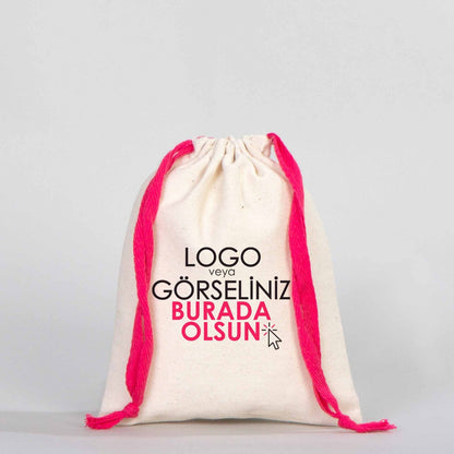 Bez Kese 15,5x20 cm - Renkli İp - Fuşya (Özelleştirilebilir)