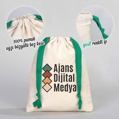 Bez Kese 15,5x20 cm - Renkli İp - Yeşil (Özelleştirilebilir)