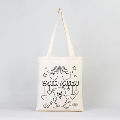 Boyanabilir Canım Annem Ham Bez Çanta - 35x40 cm - AYICIK ÇİÇEK Desenli