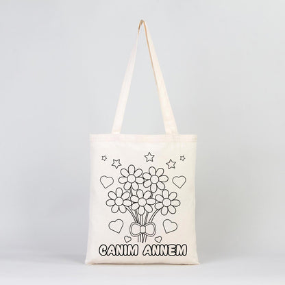 Boyanabilir Canım Annem Ham Bez Çanta - 35x40 cm - AYICIK ÇİÇEK Desenli