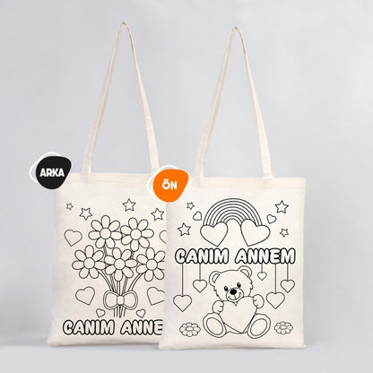 Boyanabilir Canım Annem Ham Bez Çanta - 35x40 cm - AYICIK ÇİÇEK Desenli