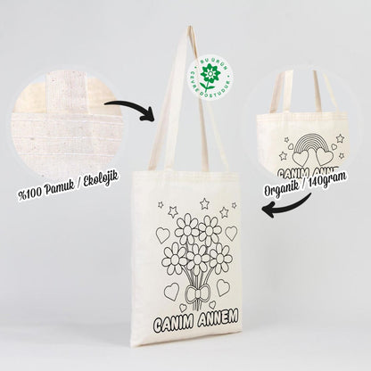 Boyanabilir Canım Annem Ham Bez Çanta - 35x40 cm - AYICIK ÇİÇEK Desenli