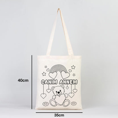 Boyanabilir Canım Annem Ham Bez Çanta - 35x40 cm - AYICIK ÇİÇEK Desenli