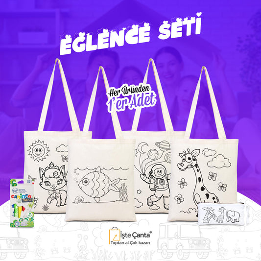 Eğlence Seti - 4 Adet Çift Yön Boyanabilir Çanta / 1 Adet Boyanabilir Kalemlik / 1 Adet Carioca Kumaş Boya Kalemi