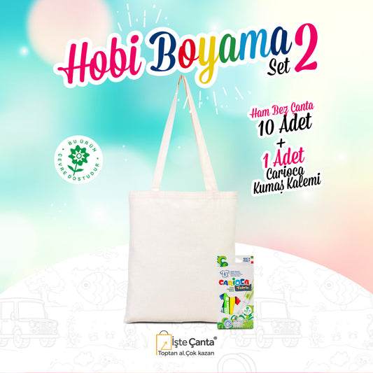 Hobi Bez Çanta Boyama Set 2 - 10 Adet Ham Bez Çanta / 1 Adet Carioca Kumaş Boya Kalemi