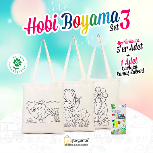 Hobi Bez Çanta Boyama Set 3 - 15 Adet Çift Yön Boyanabilir Çanta / 1 Adet Carioca Kumaş Boya Kalemi