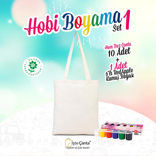 Hobi Bez Çanta Boyama Set 1 - 10 Adet Ham Bez Çanta / 1 Adet Red Apple 6'lı Kumaş Boyası